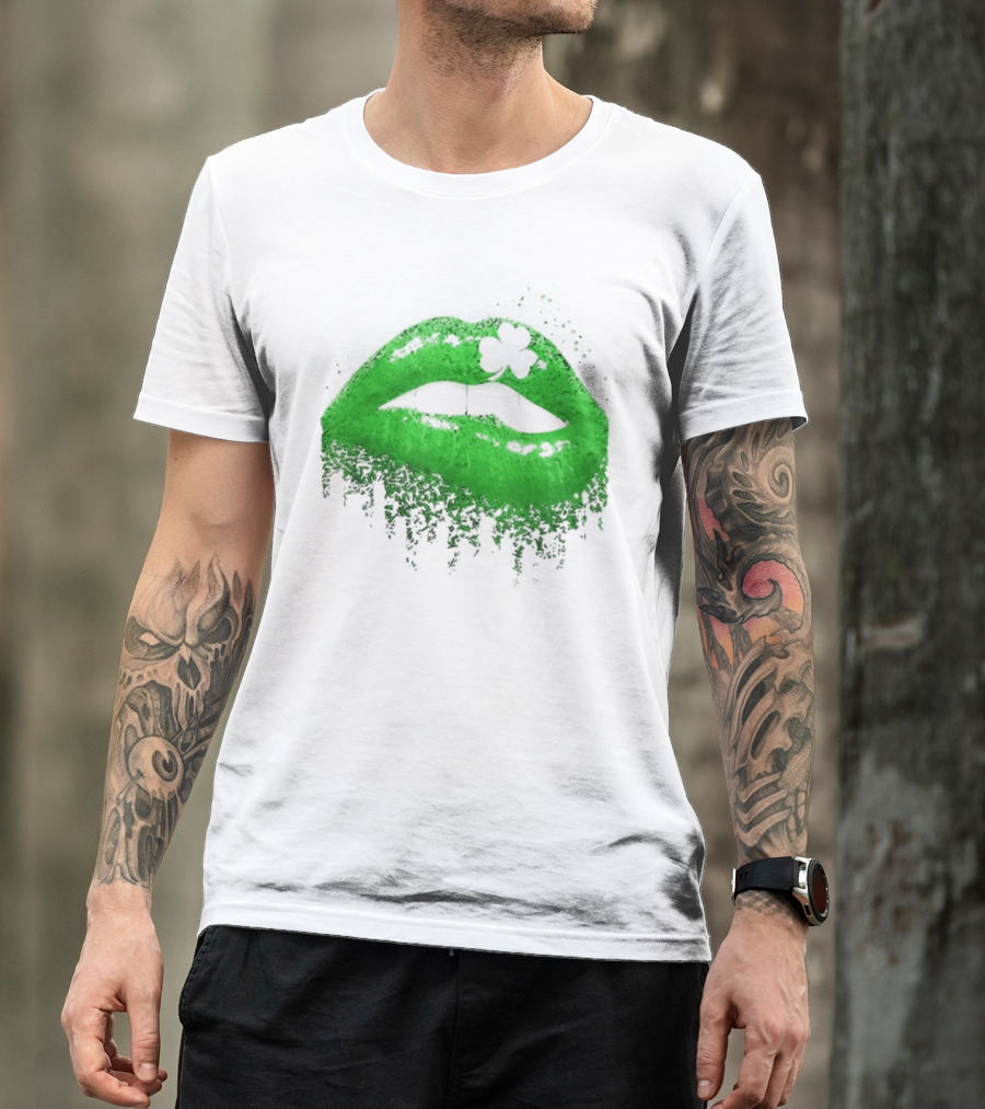 St Patrick's Day Green Lips Shamrock Shape T-Shirt