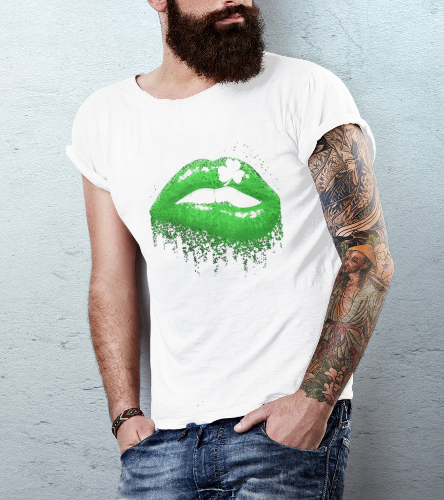 St Patrick's Day Green Lips Shamrock Shape T-Shirt