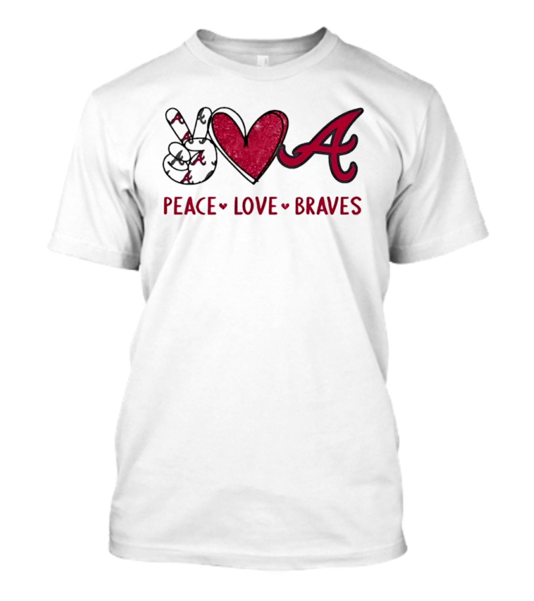Atlanta Braves Peace Love Hand Sign Heart Shape T-Shirt