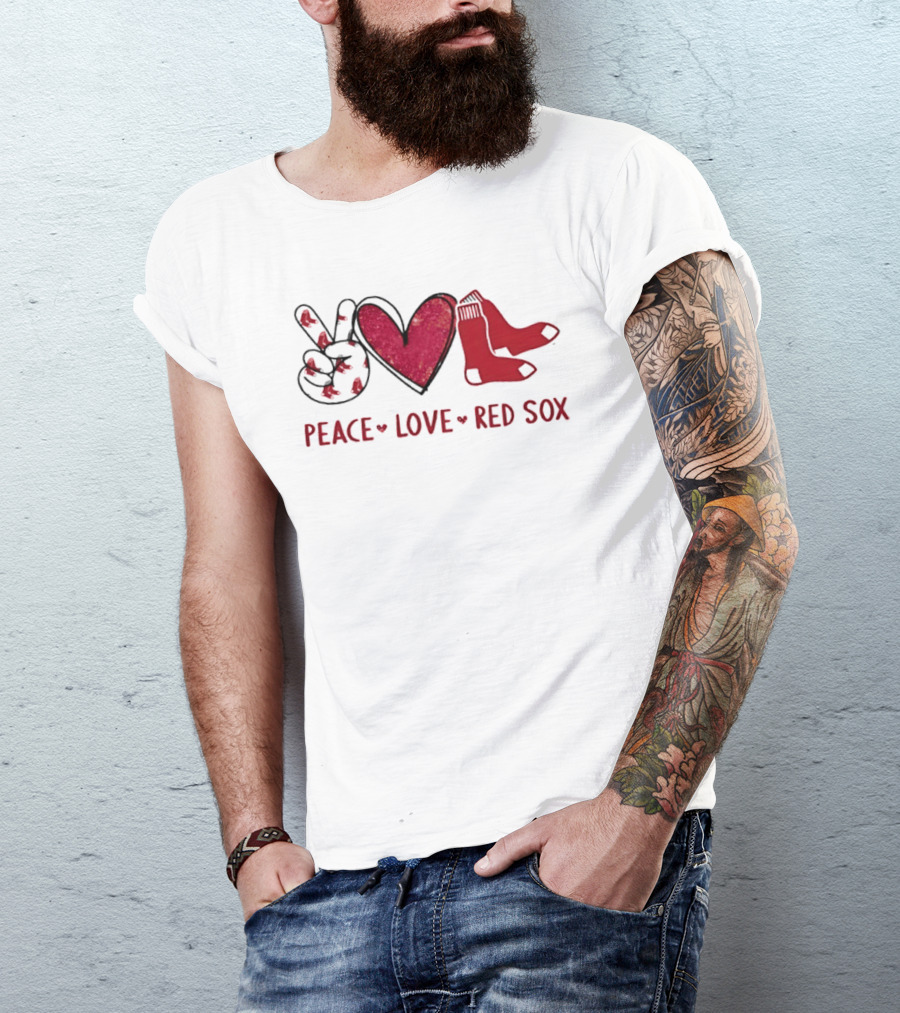 Peace Love Red Sox Hand Sign Heart Shape Socks T-Shirt