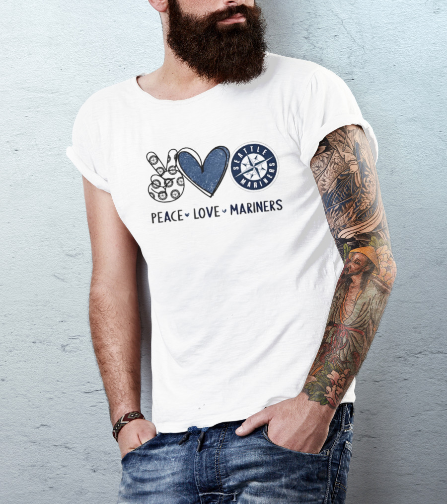 Peace Love Seattle Mariners Hand Sign Heart Shape T-Shirt