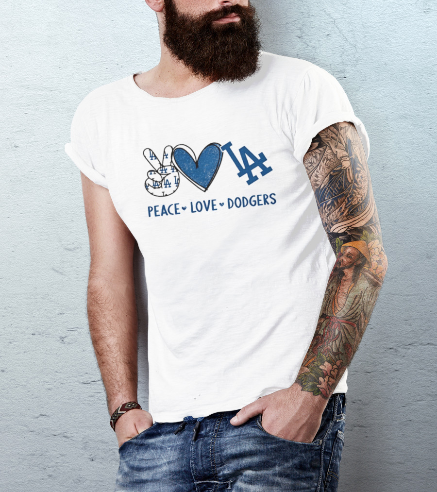 Peace Love LA Dodgers Hand Sign Heart Shape T-Shirt