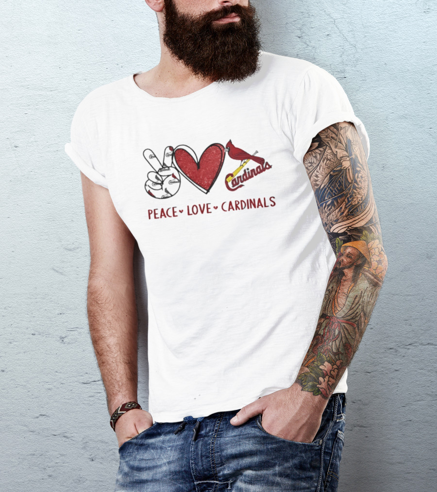 Peace Love Cardinals Hand Sign Heart Shape St Louis Cardinals T-Shirt
