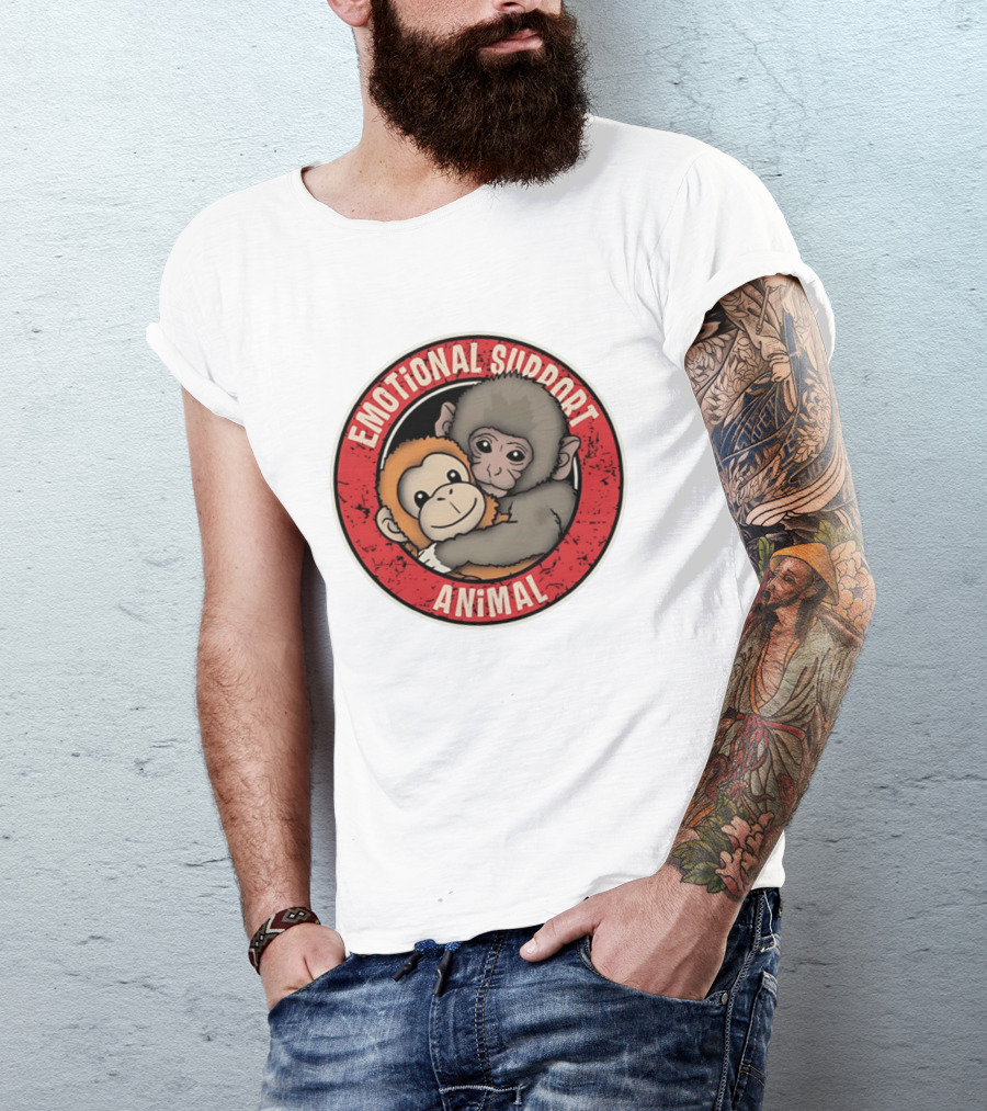 Emotional Support Animal Monkey Punch Hugging Sticker T-Shirt