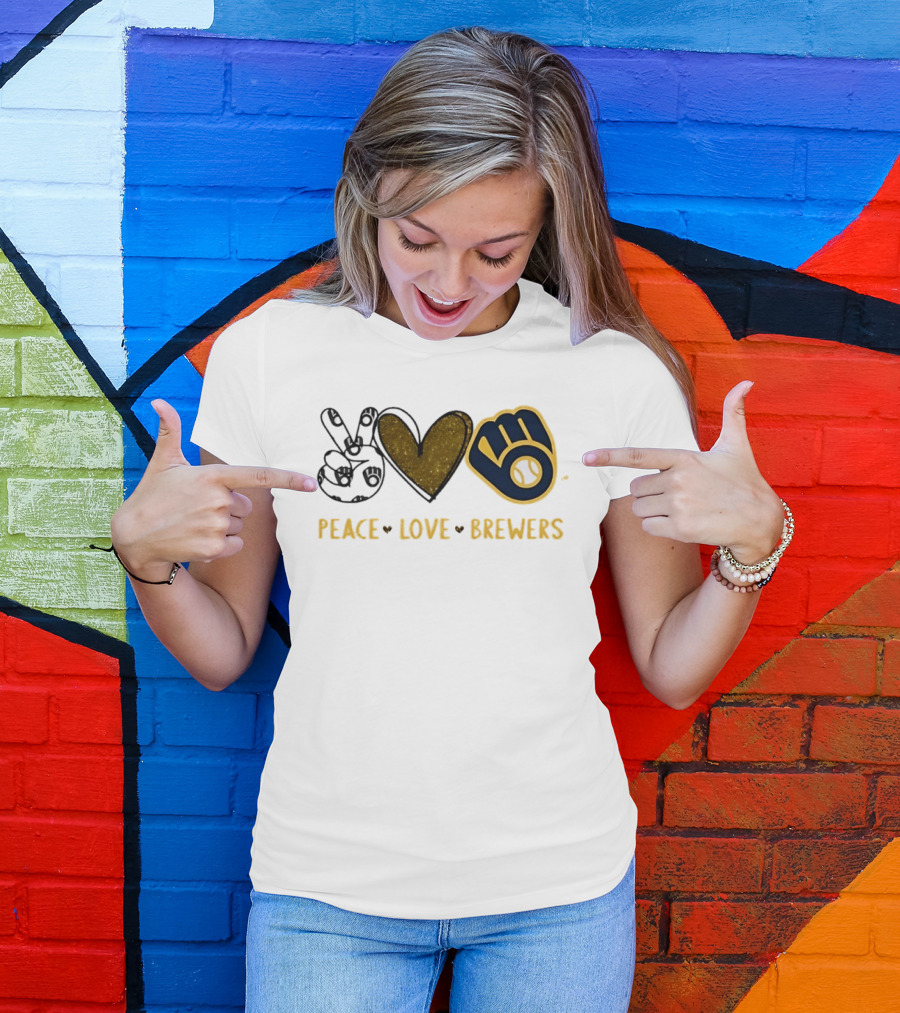 Milwaukee Brewers Peace Love Hand Sign Heart Shape T-Shirt