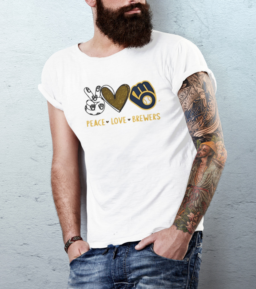 Milwaukee Brewers Peace Love Hand Sign Heart Shape T-Shirt