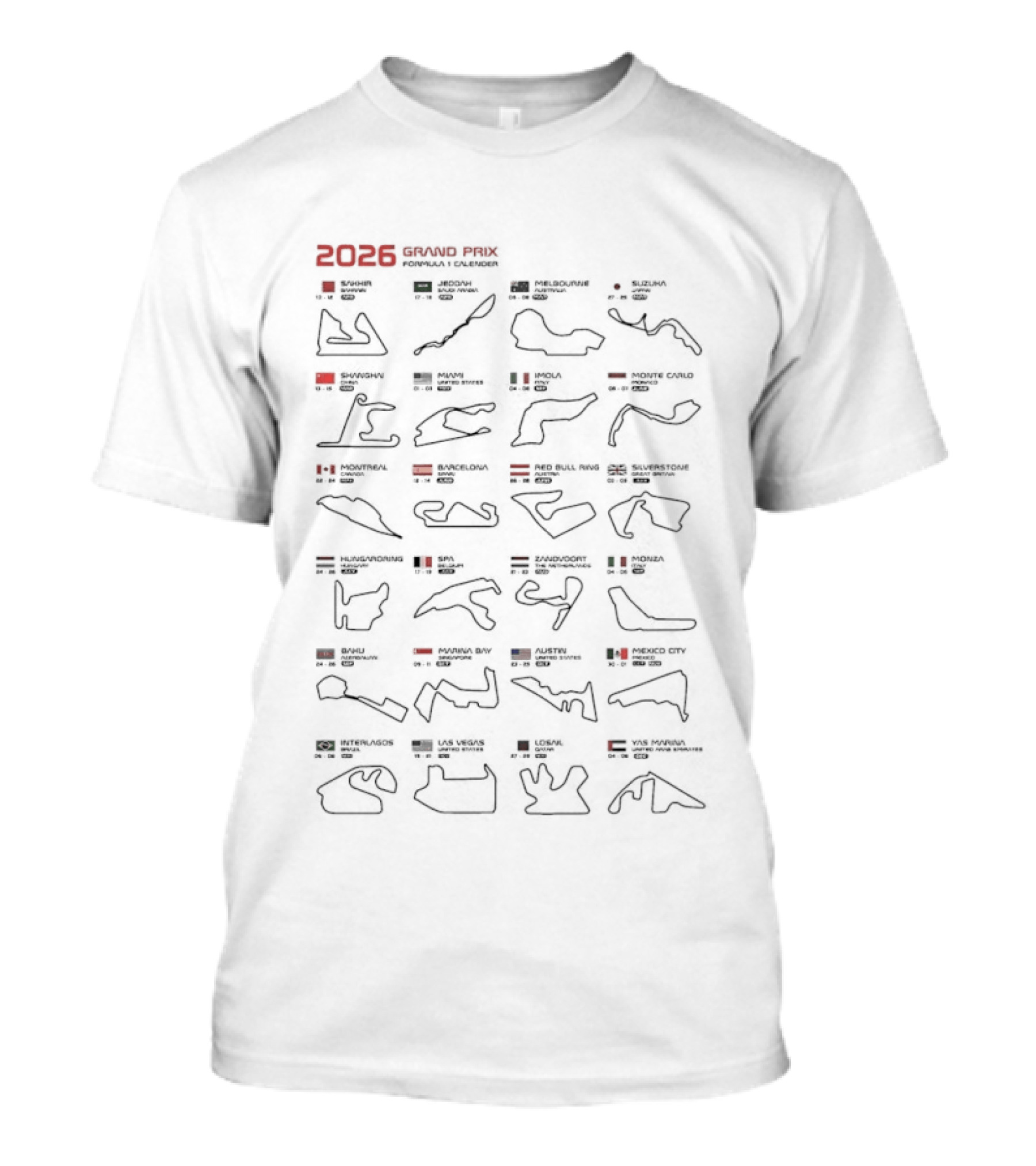 2026 Formula 1 Grand Prix Circuit Calendar Spa Monza Silverstone Tracks T-Shirt