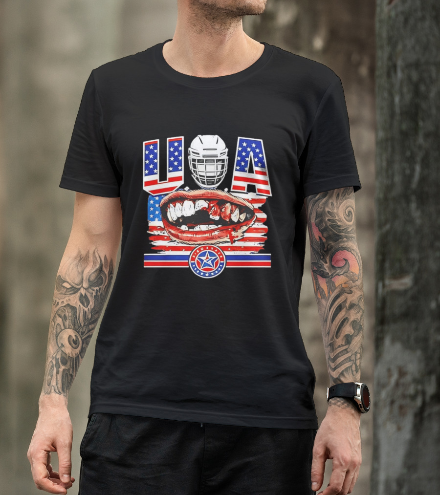 USA Hockey Helmet Bloody Teeth Mouth Stars Stripes Flag T-Shirt