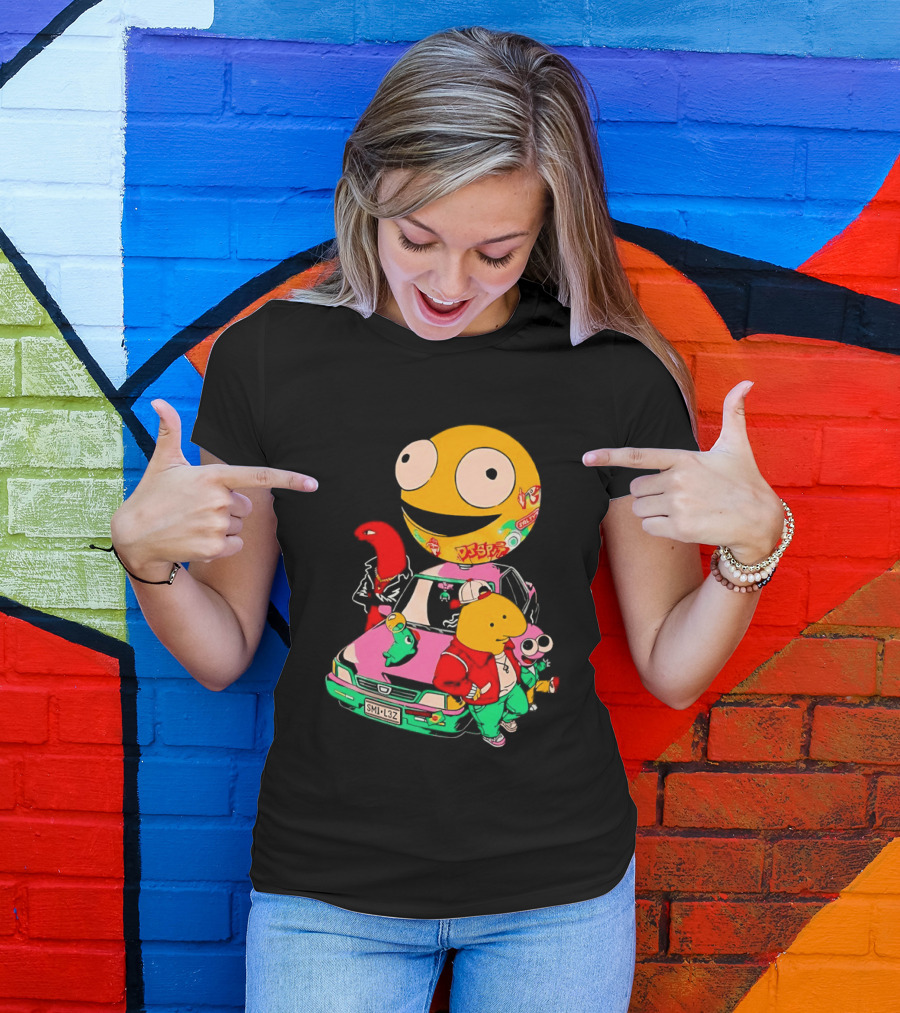 Pac Man Inspired Japanese Characters And Vintage Car Adventure T-Shirt