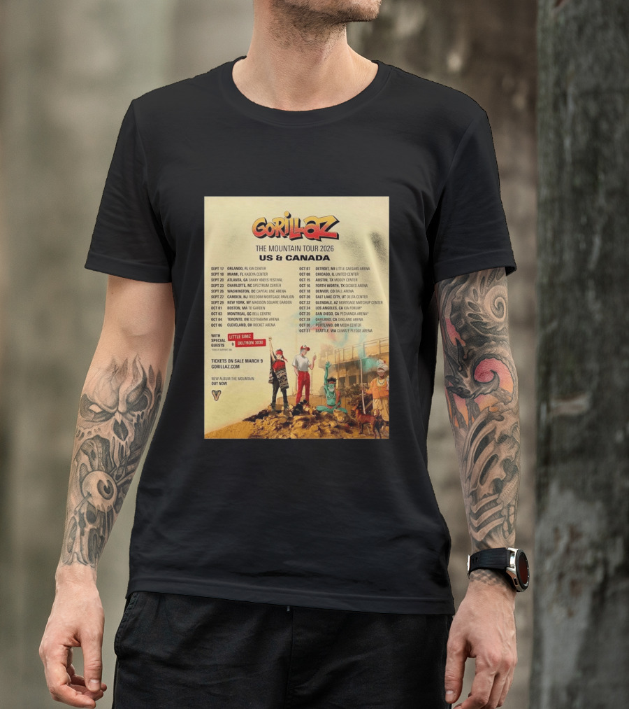 Gorillaz The Mountain Tour 2026 US Canada Dates Little Simz Deltron 3030 T-Shirt