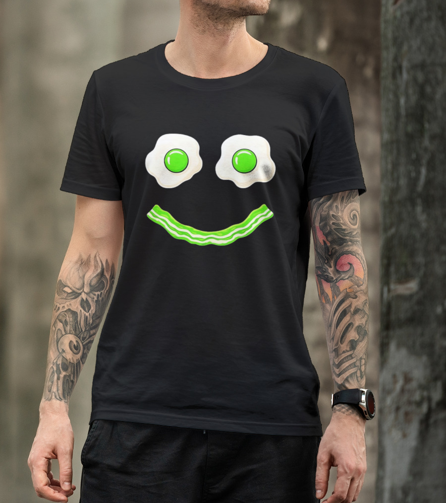 Green Smile Face Eggs And Bacon Ham Breakfast Fun Food Expression T-Shirt