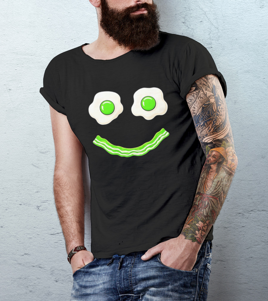 Green Smile Face Eggs And Bacon Ham Breakfast Fun Food Expression T-Shirt