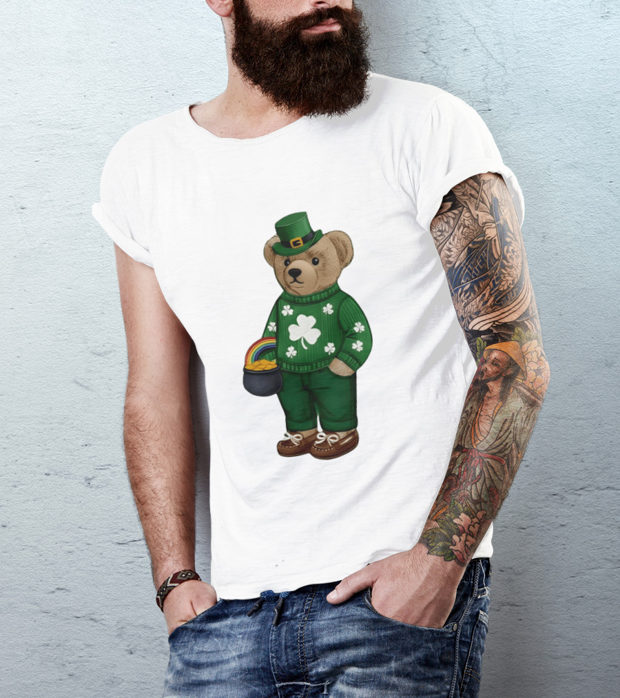 Lucky Teddy Bear Irish St Patricks Day Clover Rainbow Pot Of Gold T-Shirt