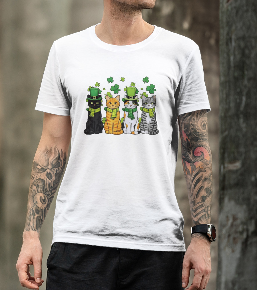 St Catrick's Day Black Cat Orange Tabby Cat Calico Cat And Gray Tabby Cat With Shamrocks And Green St Patrick's Hats T-Shirt
