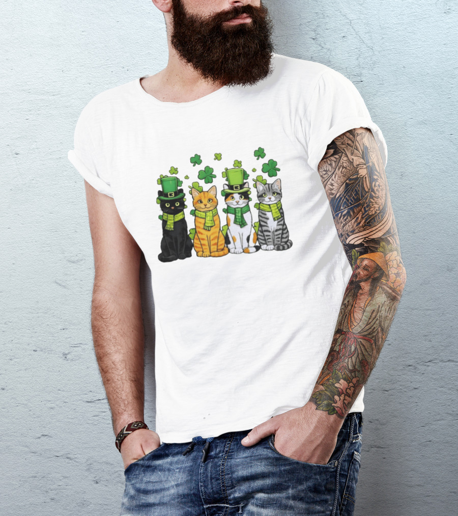 St Catrick's Day Black Cat Orange Tabby Cat Calico Cat And Gray Tabby Cat With Shamrocks And Green St Patrick's Hats T-Shirt