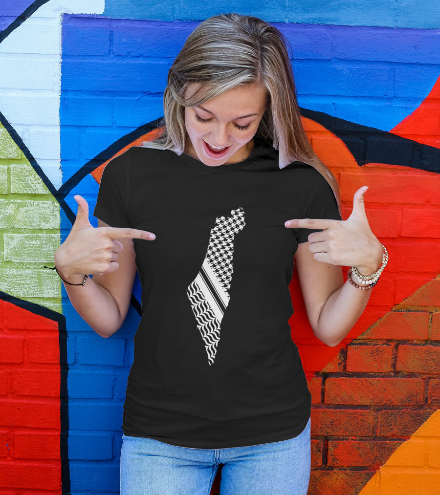 Free Palestine Map With Kufiya And Waves T-Shirt