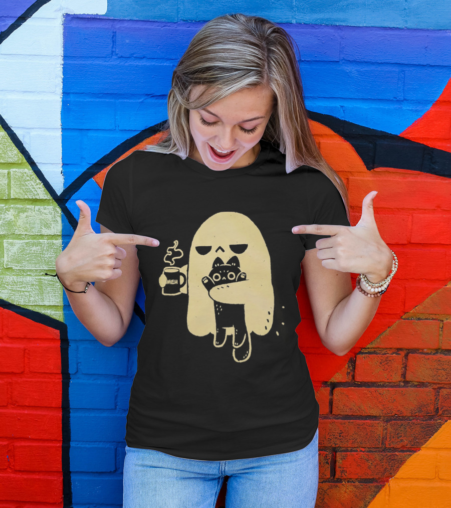 Ghost With Cat And Coffee Cup T-Shirt