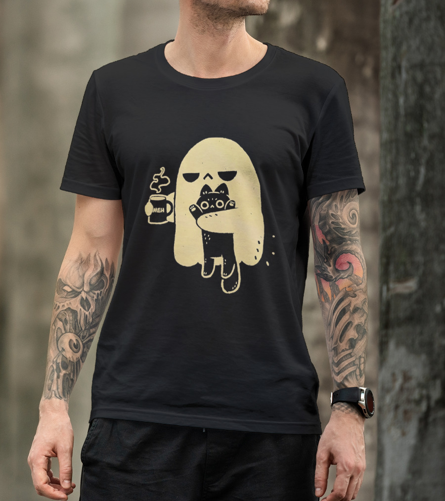 Ghost With Cat And Coffee Cup T-Shirt