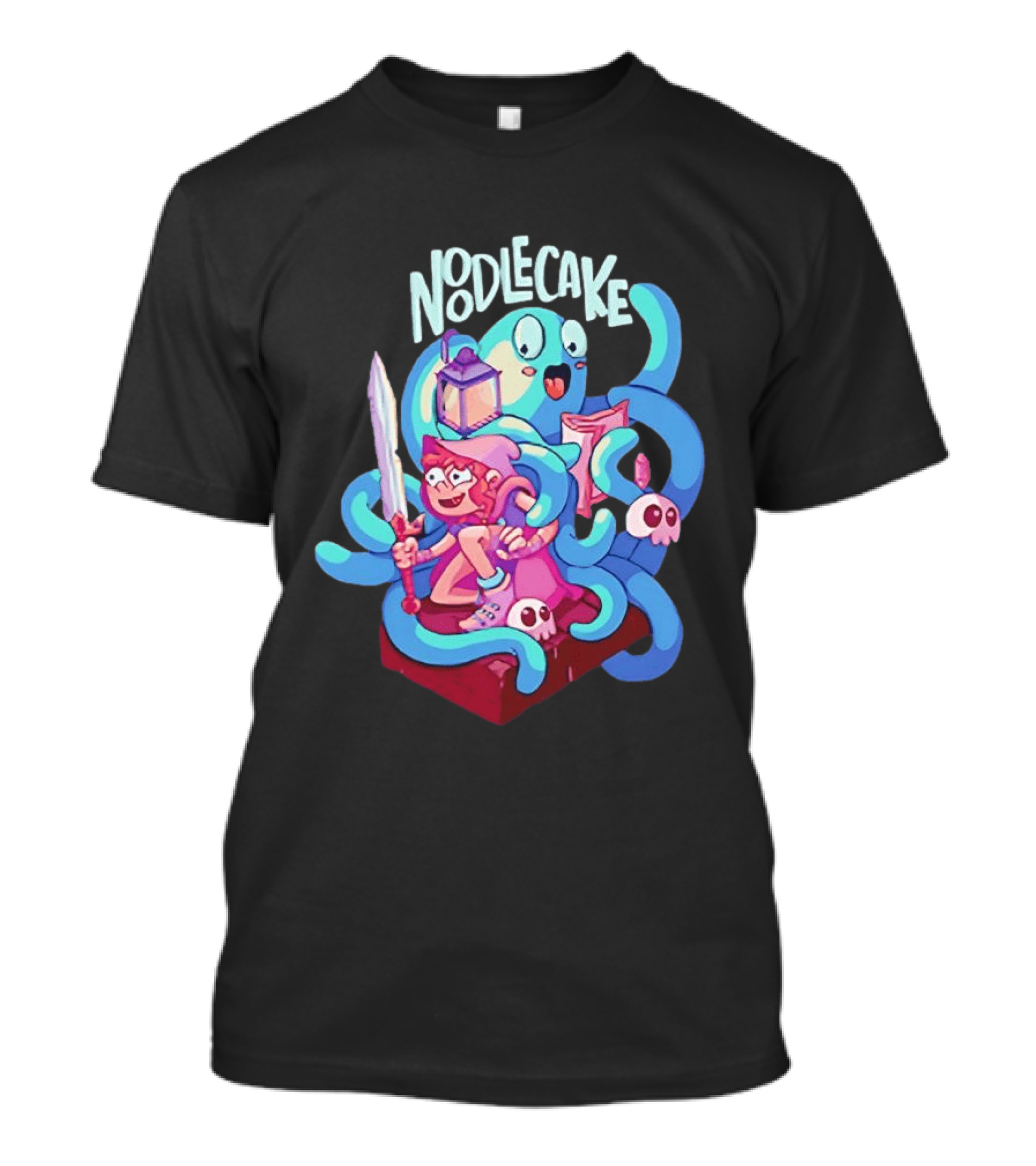 Noodlecake Cartoon Adventurer And Ghost With Sword And Skulls T-Shirt