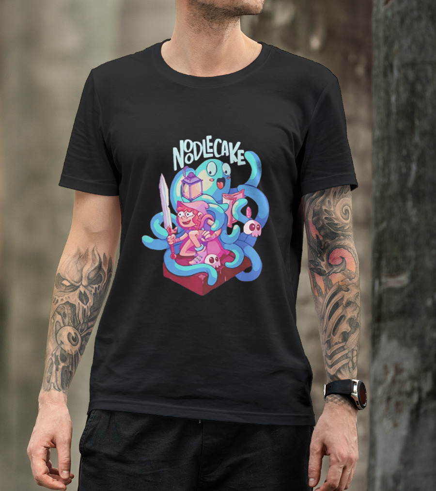 Noodlecake Cartoon Adventurer And Ghost With Sword And Skulls T-Shirt