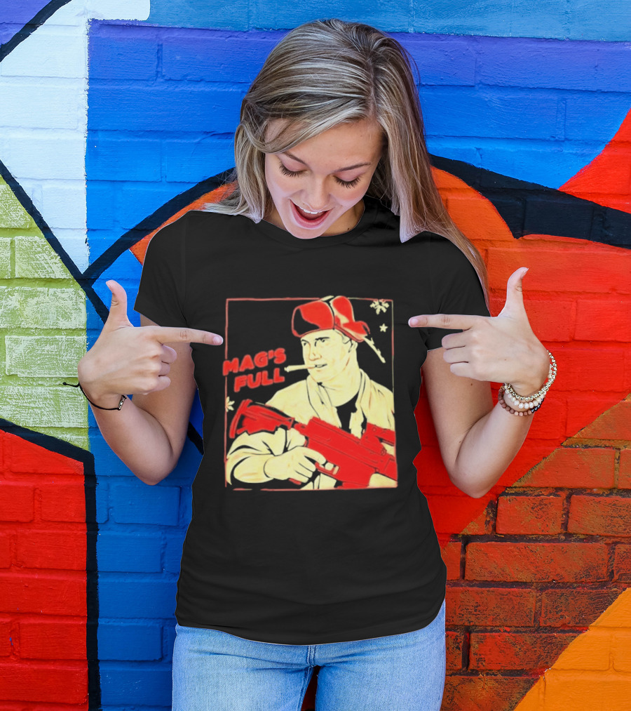 Mag's Full Armed Character With Red Cap And Gun T-Shirt