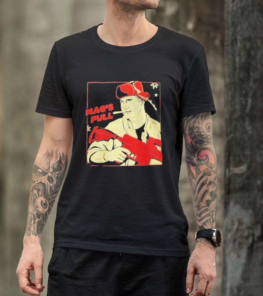 Mag's Full Armed Character With Red Cap And Gun T-Shirt
