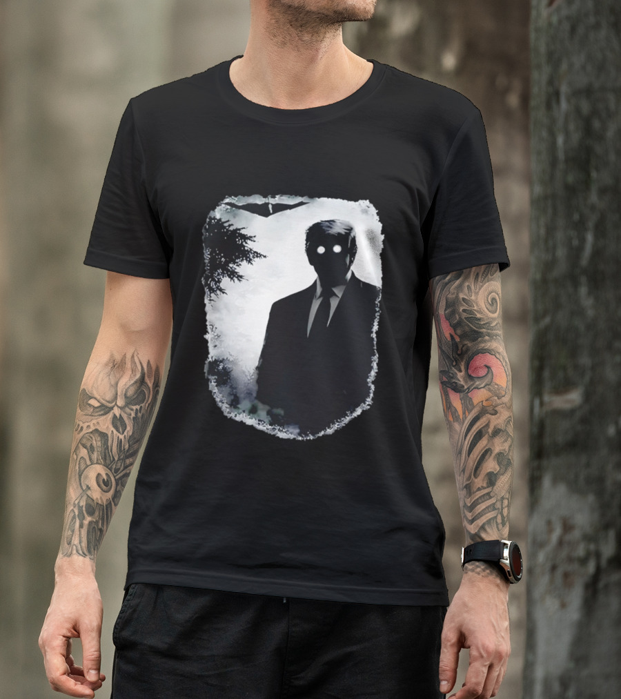 Dark Shadow Figure Mysterious Silhouette Trump Eerie Woods Cloaked Eyes T-Shirt