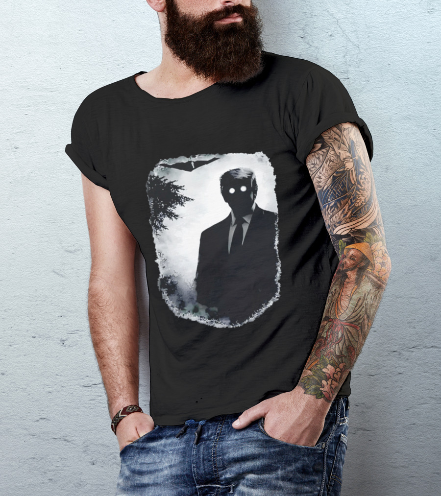 Dark Shadow Figure Mysterious Silhouette Trump Eerie Woods Cloaked Eyes T-Shirt