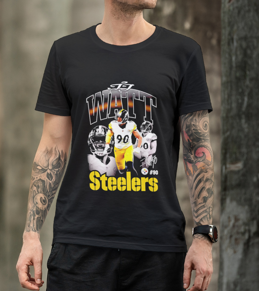 T.J. Watt Steelers #90 Triple Image With Signature T-Shirt