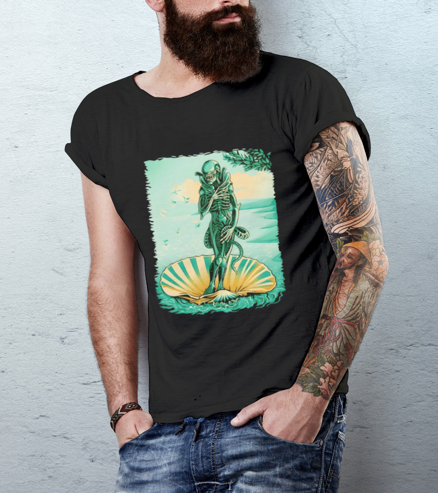Alien Seated On Seashell The Birth Of Alienus Fusion Renaissance T-Shirt
