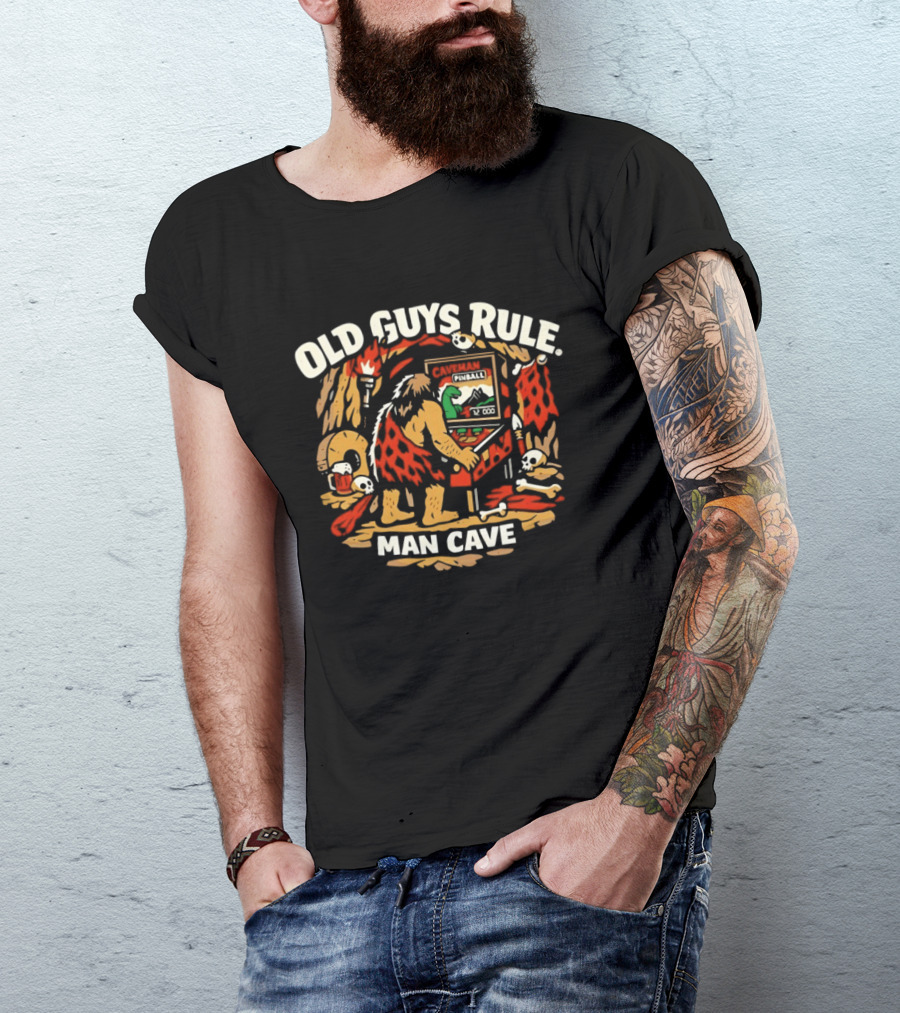 Old Guys Rule Man Cave Caveman Pinball Vintage Humor T-Shirt