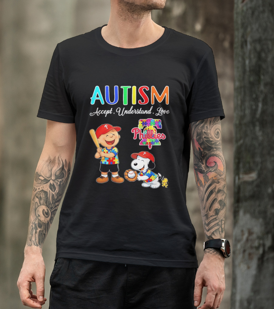 Charlie Brown Snoopy Philadelphia Phillies Autism Awareness Puzzle Piece Accept Understand Love T-Shirt