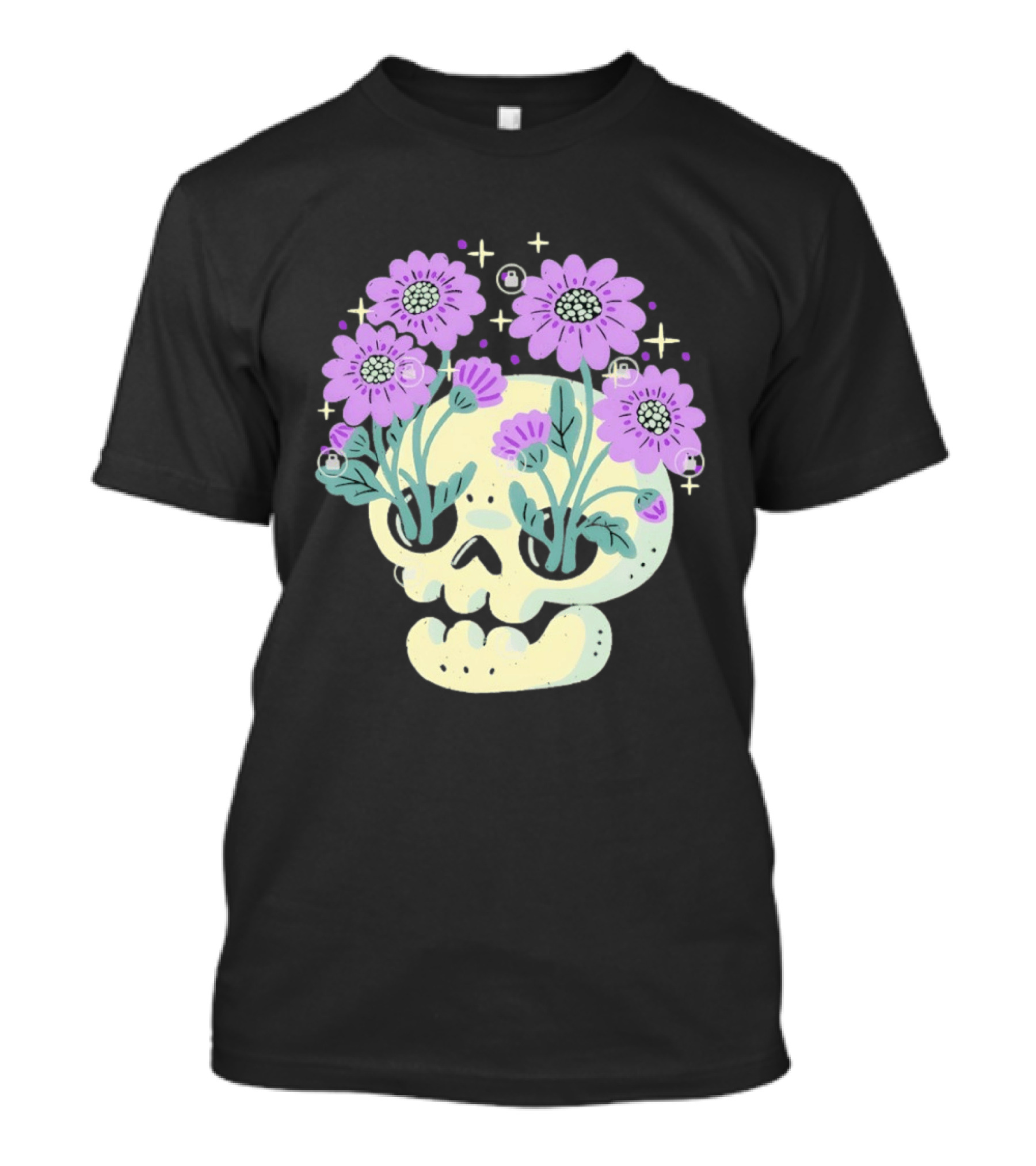 Skull With Purple Flowers And Stars Aesthetic T-Shirt