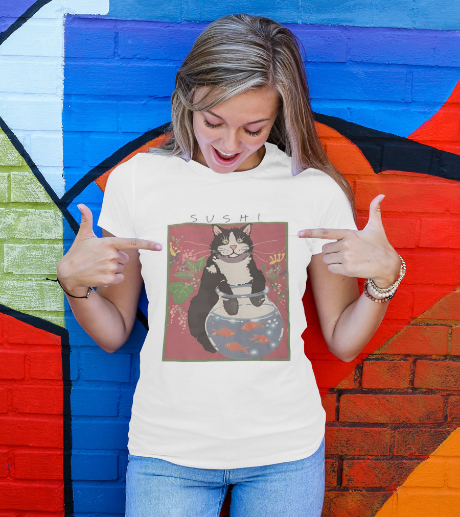 Sushi Cat Holding Fishbowl With Goldfish And Flowers T-Shirt