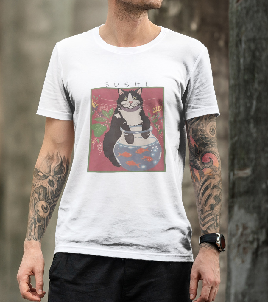 Sushi Cat Holding Fishbowl With Goldfish And Flowers T-Shirt
