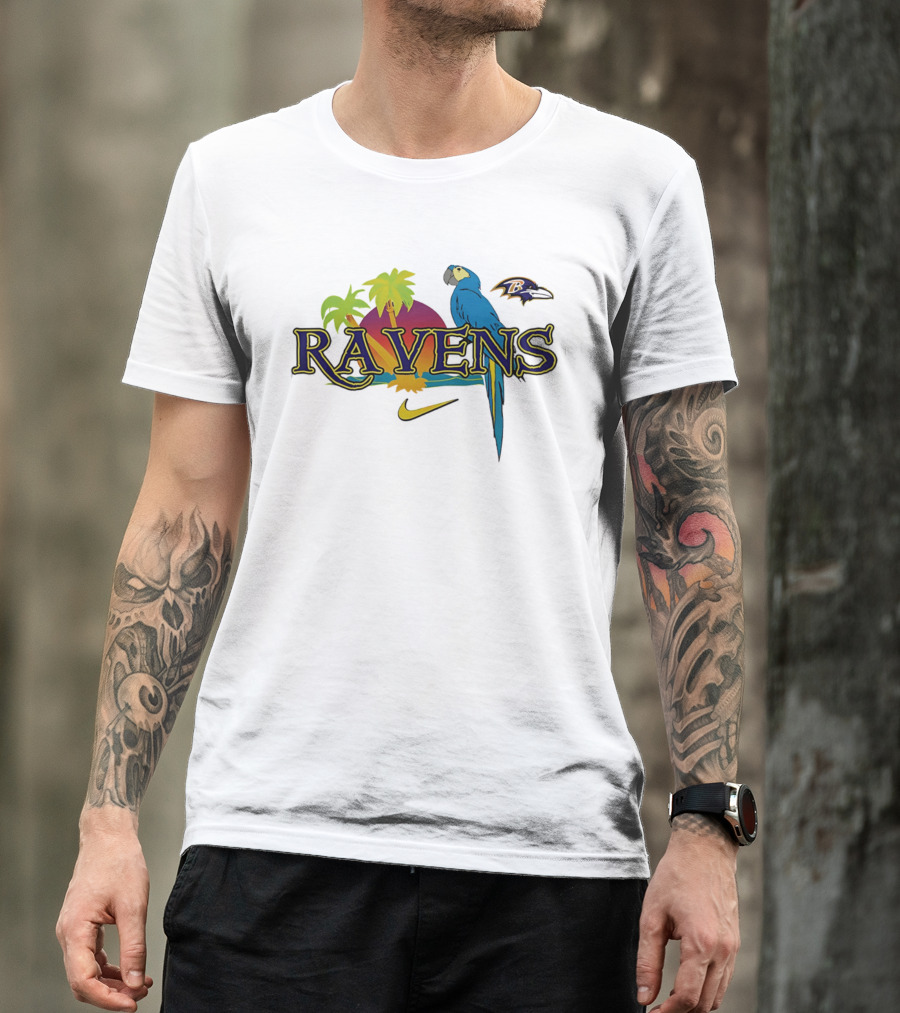 Baltimore Ravens Tropical Parrot Sunset Logo Nike T-Shirt