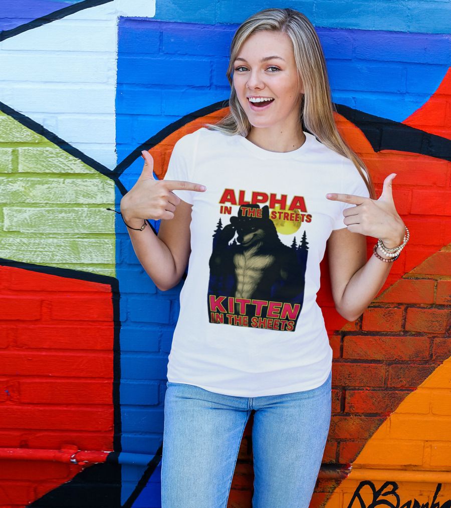 Alpha In The Streets Kitten In The Sheets Wolf Illustration Moonlit Forest Scene T-Shirt