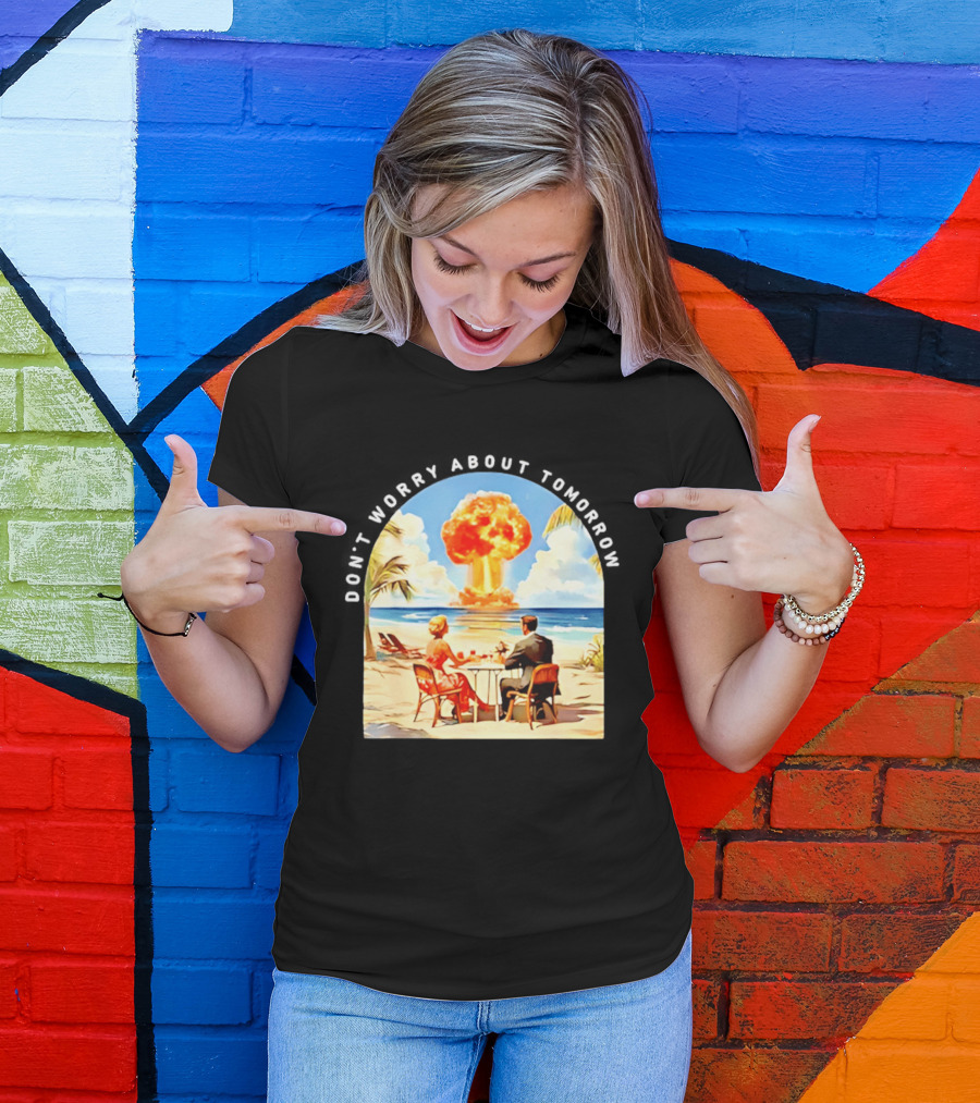 Don't Worry About Tomorrow Matthew 6 34 Atomic Age Retro Beach Explosion T-Shirt