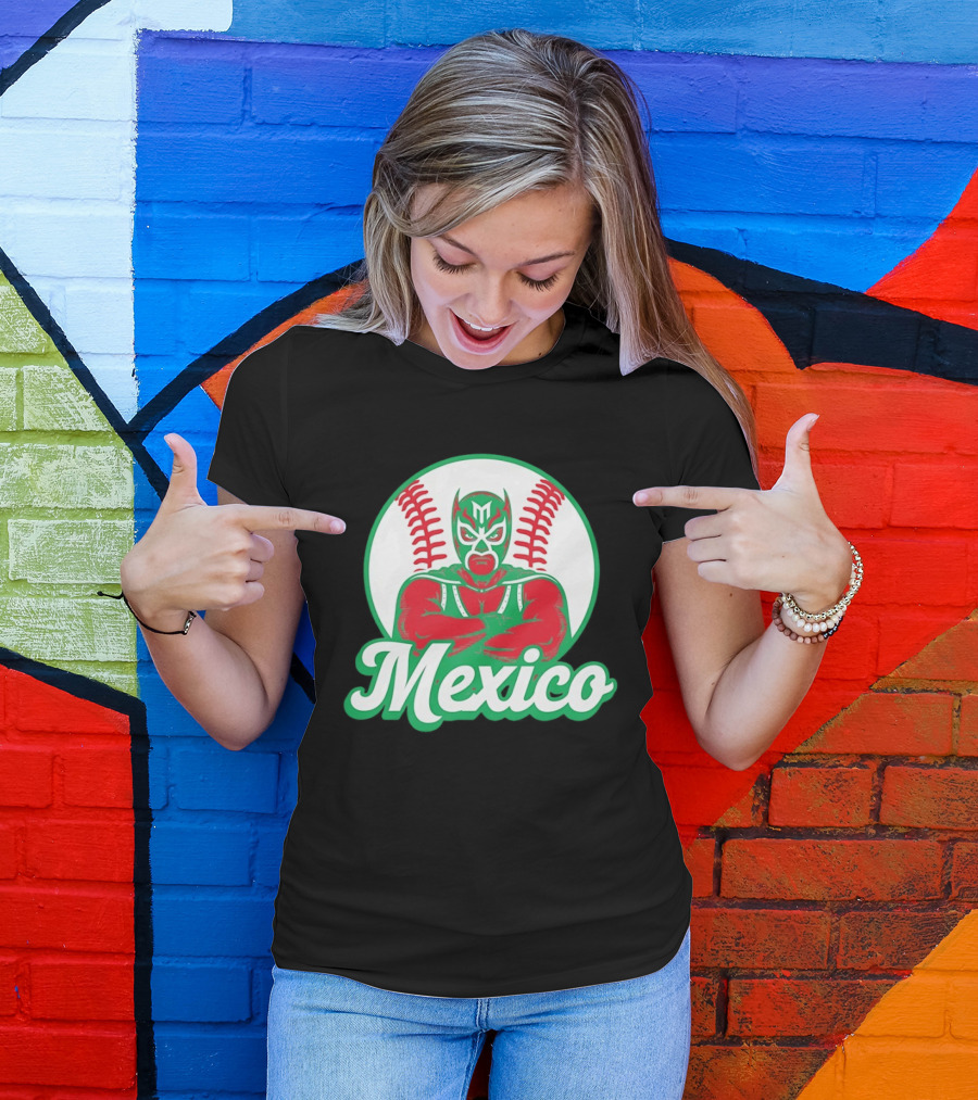 Mexico Luchador Baseball Mask Icon With Arms Crossed In Front Of Baseball Stitch T-Shirt