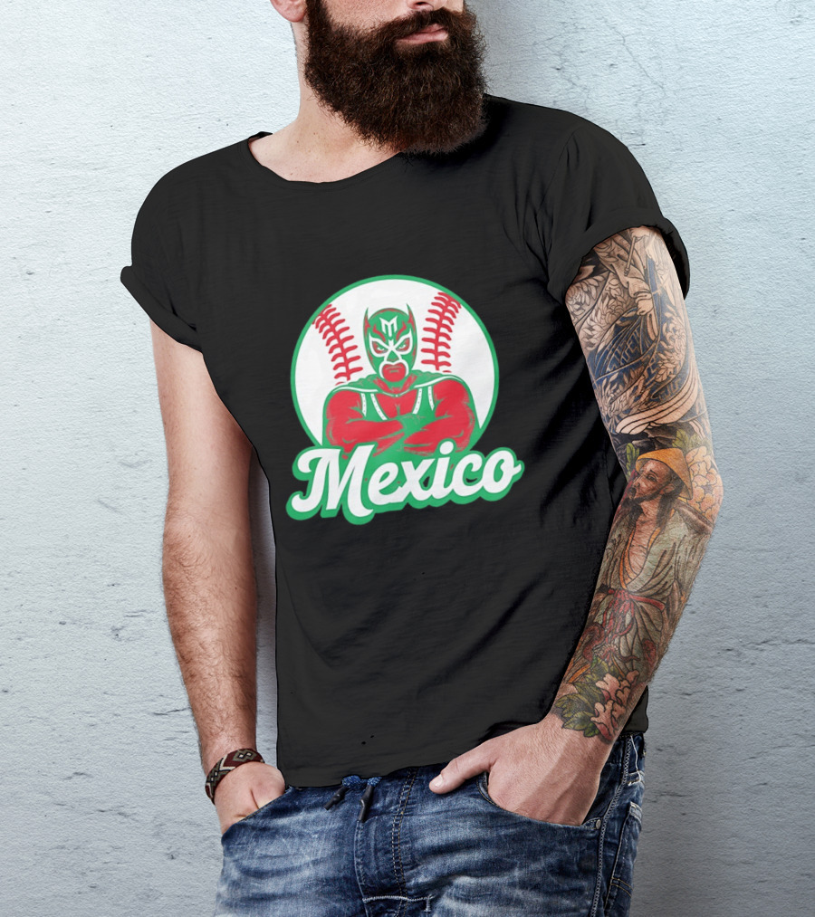 Mexico Luchador Baseball Mask Icon With Arms Crossed In Front Of Baseball Stitch T-Shirt