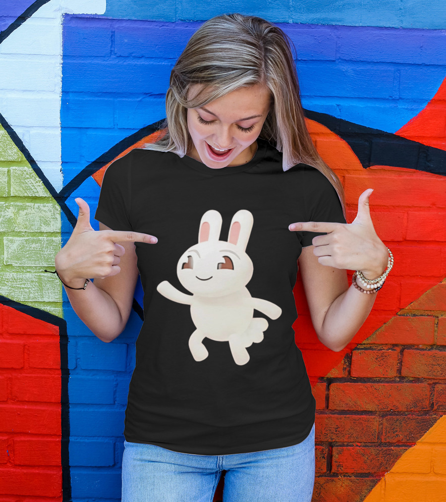 Cartoon Rabbit Waving Happy Bunny Character Cute Playful Pose T-Shirt