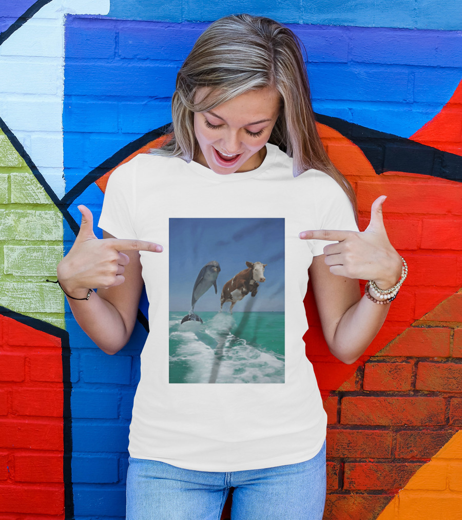 Cow And Dolphin Jumping Out Of Water Ocean Adventure T-Shirt
