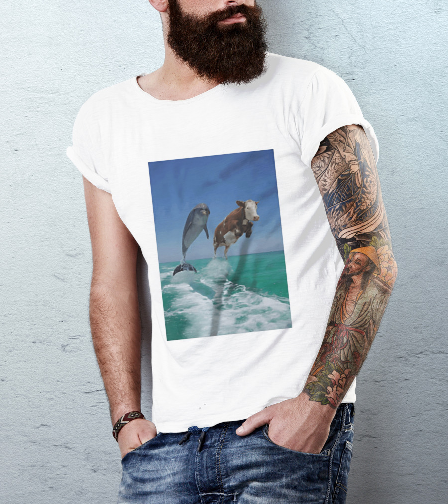 Cow And Dolphin Jumping Out Of Water Ocean Adventure T-Shirt
