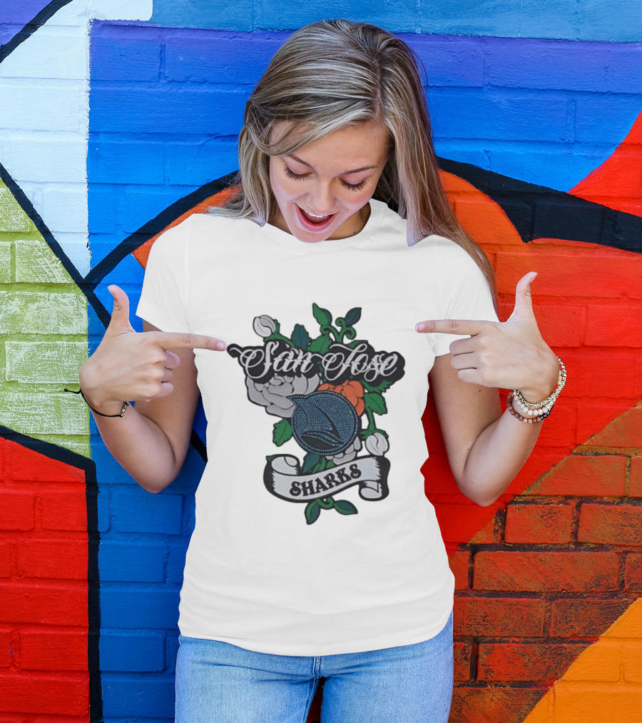 San Jose Sharks Floral Tattoo Style Team T-Shirt