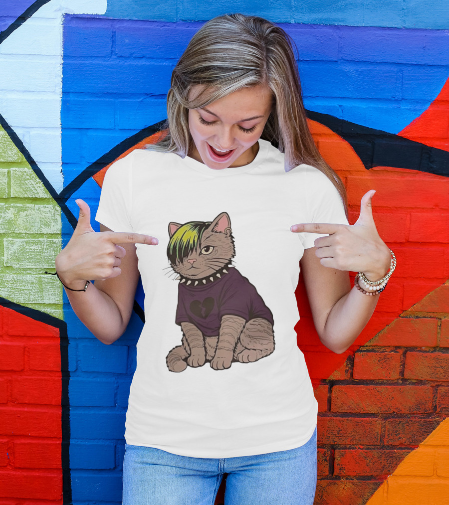 Emo Scene Cat With Heart Break Symbol And Spiked Collar T-Shirt