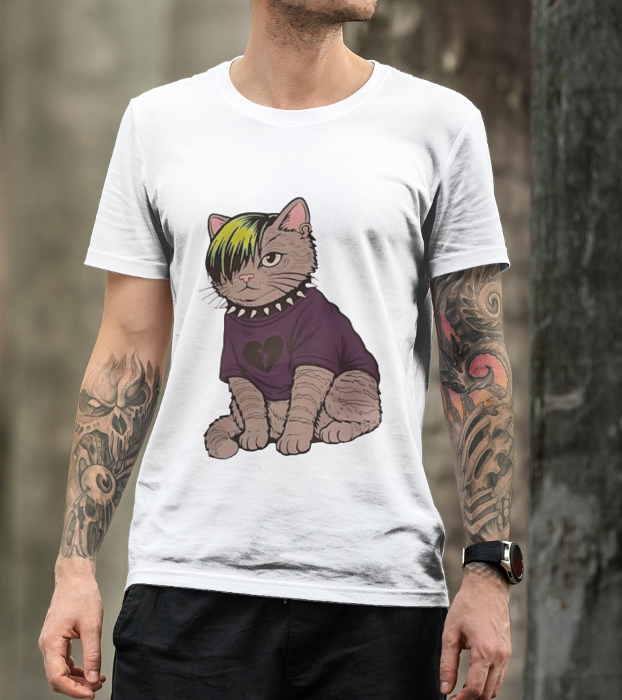 Emo Scene Cat With Heart Break Symbol And Spiked Collar T-Shirt