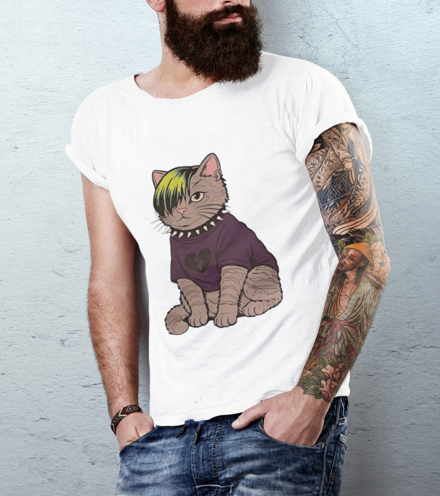 Emo Scene Cat With Heart Break Symbol And Spiked Collar T-Shirt