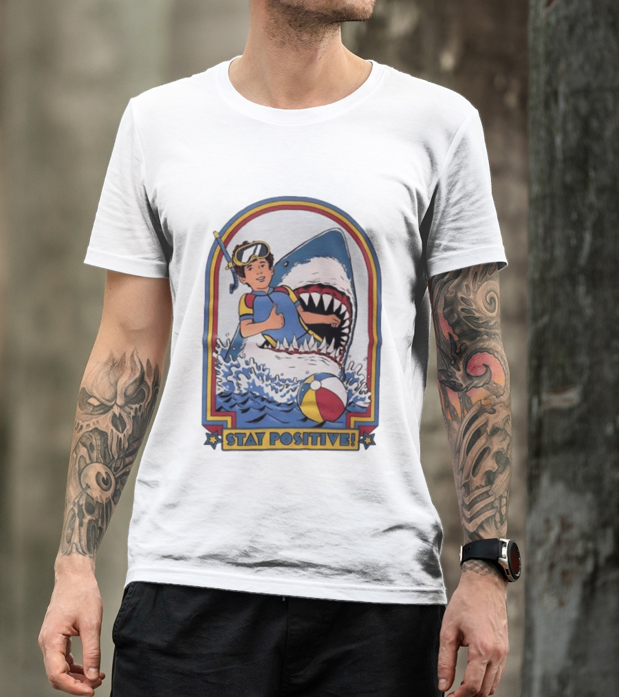 Stay Positive Scuba Boy In Great White Shark Mouth With Beach Ball T-Shirt