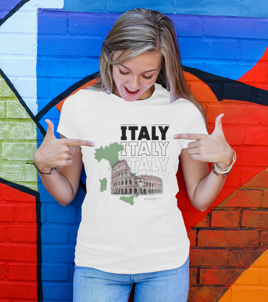 Italy Map And Colosseum Iconic Landmarks Text Heavy Exploration T-Shirt