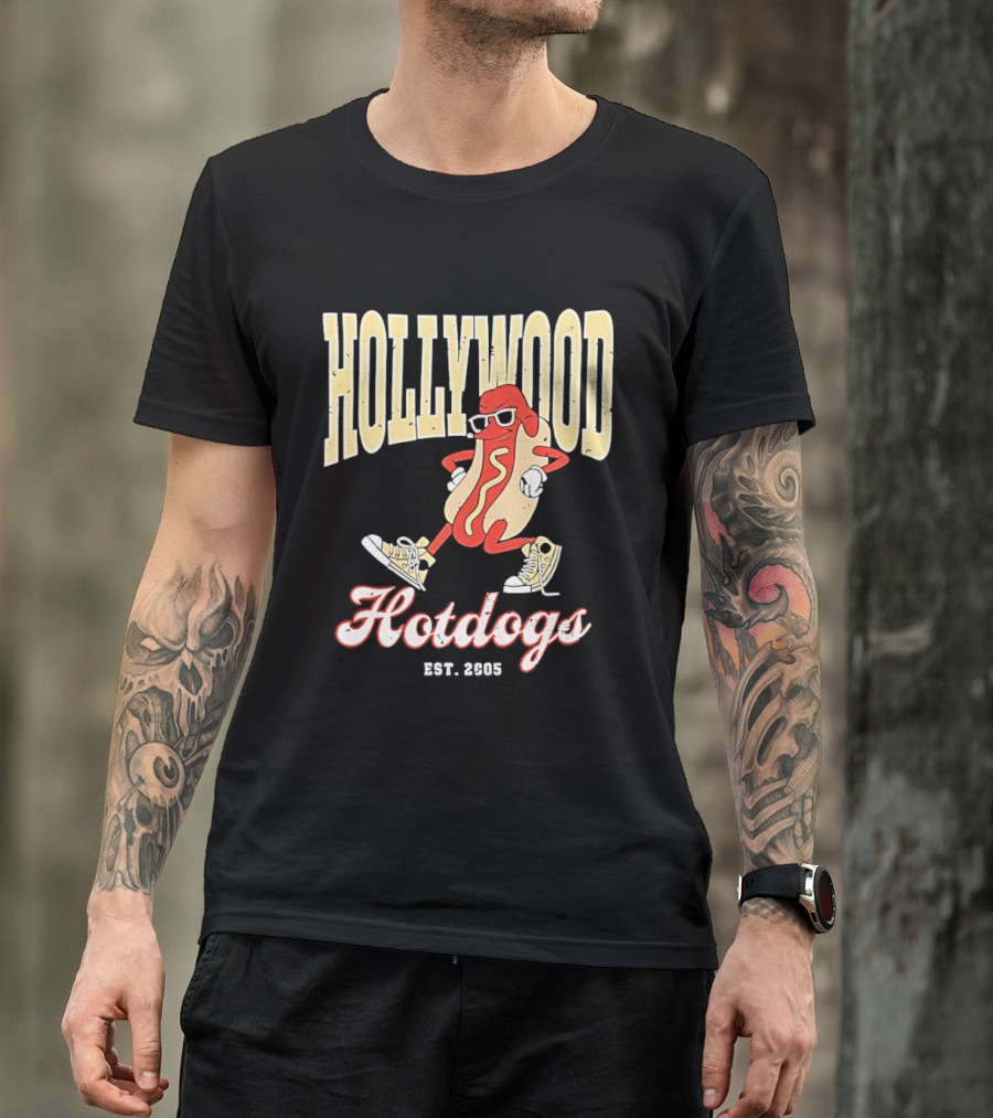 Hollywood Hotdogs Cool Mustard Character With Sunglasses Est 2005 T-Shirt